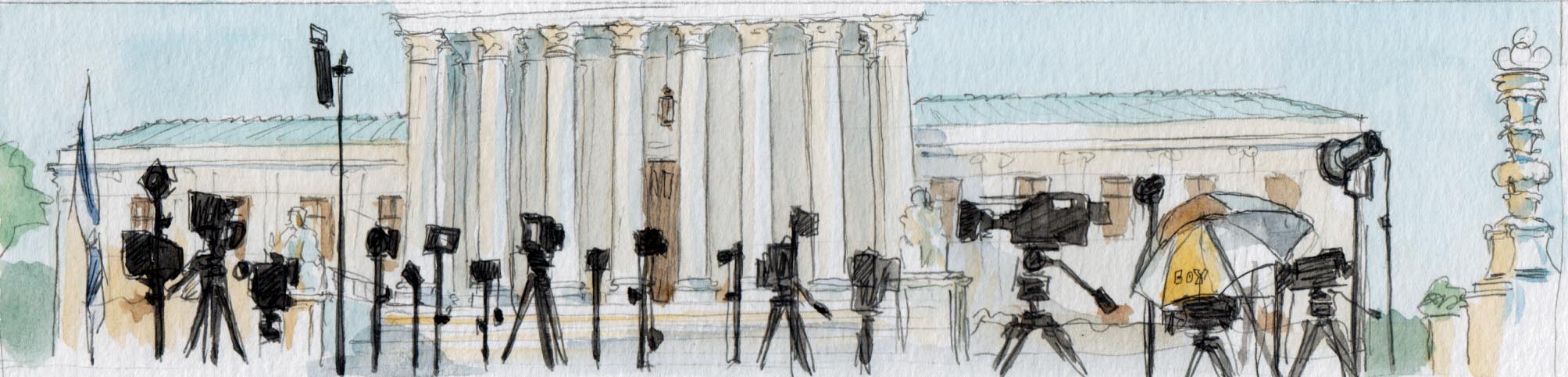 sketch of numerous cameras lined up outside the supreme court