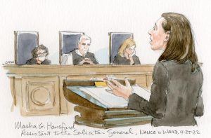 sketch of woman standing and gesturing at lectern. three justices sit at bench in background.