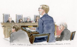 sketch of man at lectern leaning slightly forward with four justices pictured in background 