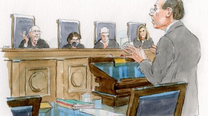 sketch of man in suit and glasses standing at lectern with hands gesturing and four justices pictured in background