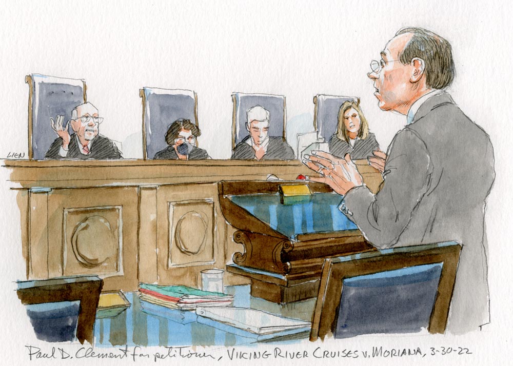 sketch of man in suit and glasses standing at lectern with hands gesturing and four justices pictured in background