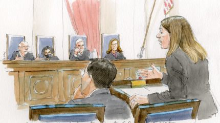 Woman speaking to four justices on the bench