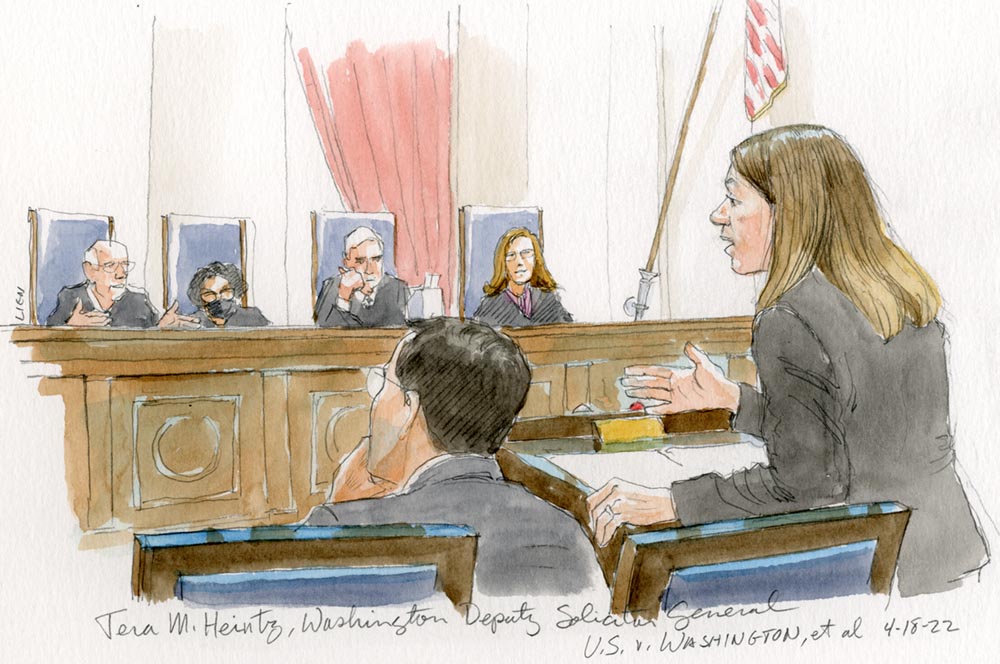 Woman speaking to four justices on the bench