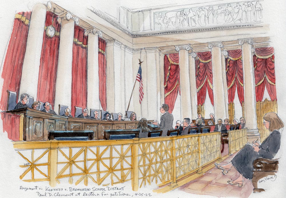 Court room with reporter writing in the foreground