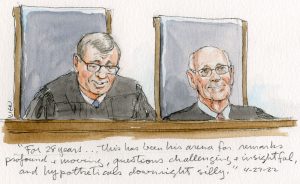 sketch of john roberts and stephen breyer sitting next to each other on bench, with roberts looking downward and breyer smiling