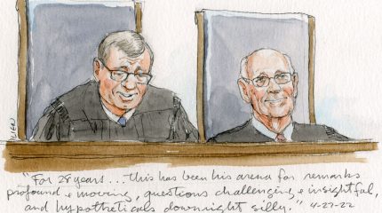 sketch of john roberts and stephen breyer sitting next to each other on bench, with roberts looking downward and breyer smiling