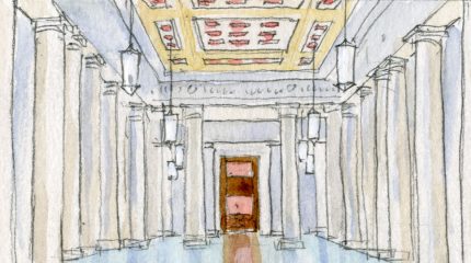 sketch of long empty hallway, flanked on both sides by marble columns and statues
