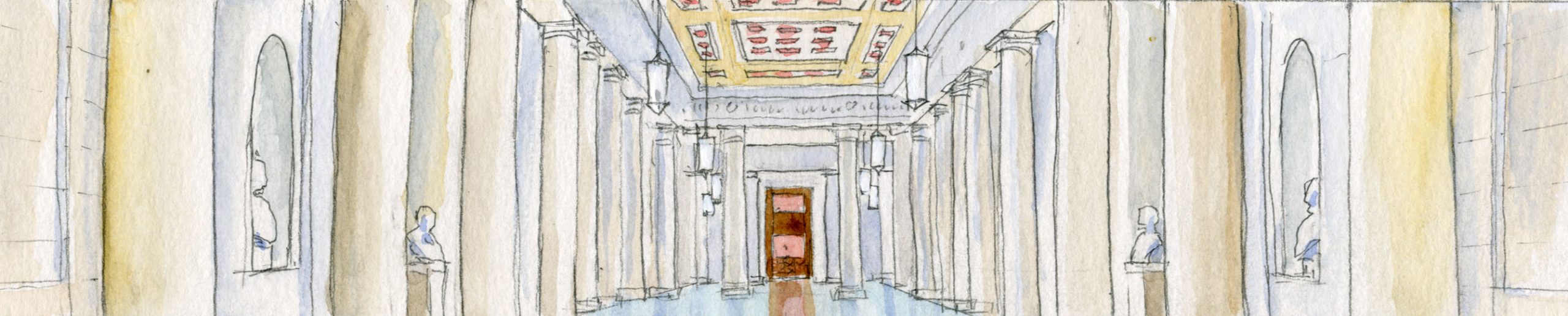 sketch of long empty hallway, flanked on both sides by marble columns and statues