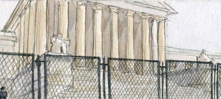 sketch of supreme court with large chain link fence in front