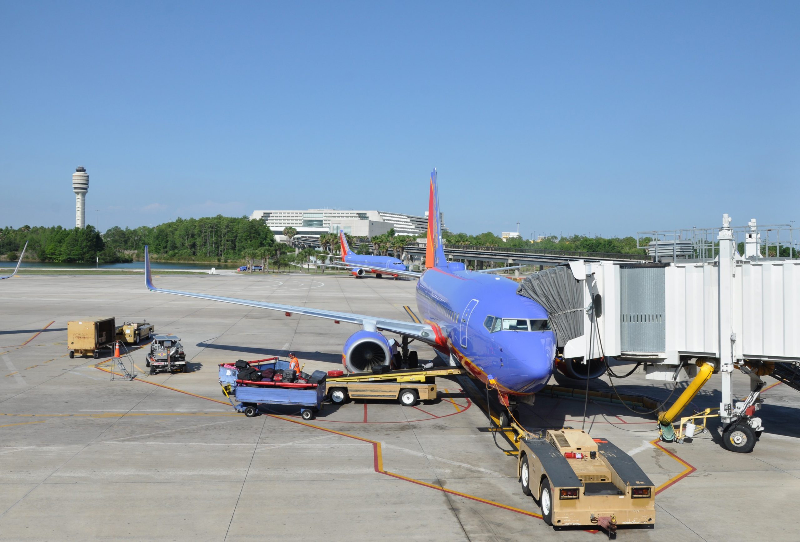 Baggage being loaded onto a Southwest plane on the tarmac