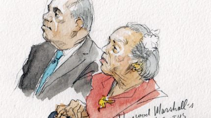 sketch of woman holding cane sitting next to man in suit