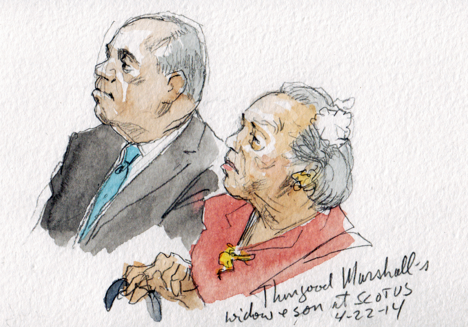 sketch of woman holding cane sitting next to man in suit