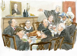 The justices at Thanksgiving dinner with Neil Gorsuch opening the door for the chef