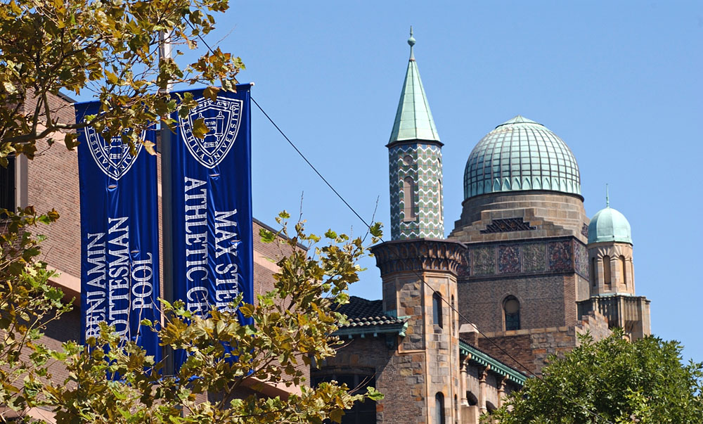 view of domed building with vertical banners and tree branches in foreground