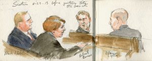 A sketch of From left to right, Mark Walsh of Education Week, Marcia Coyle of the National Law Journal, the Washington Post’s Robert Barnes and Adam Liptak of the New York Times.