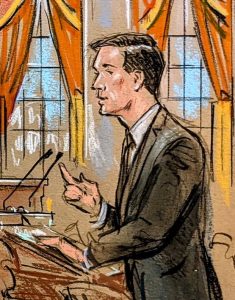 sketch of man standing at lectern gesturing with outstretched index finger