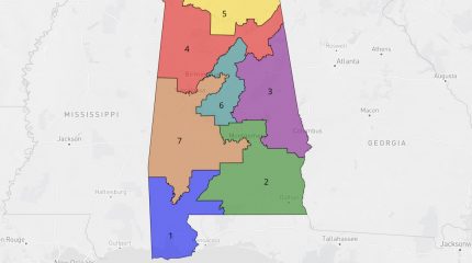colored map showing Alabama divided into seven districts