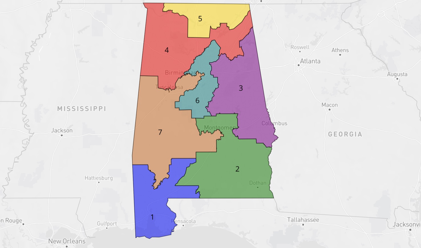 colored map showing Alabama divided into seven districts