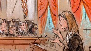 sketch of bespectacled woman gesturing with her hands before the lectern, speaking before four pictured justices