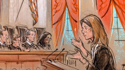 sketch of bespectacled woman gesturing with her hands before the lectern, speaking before four pictured justices