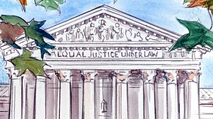 sketch of front facade of supreme court with colorful autumn leaves hanging in the foreground