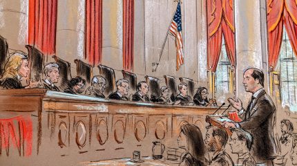 sketch of man gesturing with his right hand before the lectern, speaking before a full bench. Justice Sotomayor shapes her hands as if she were taking a picture.