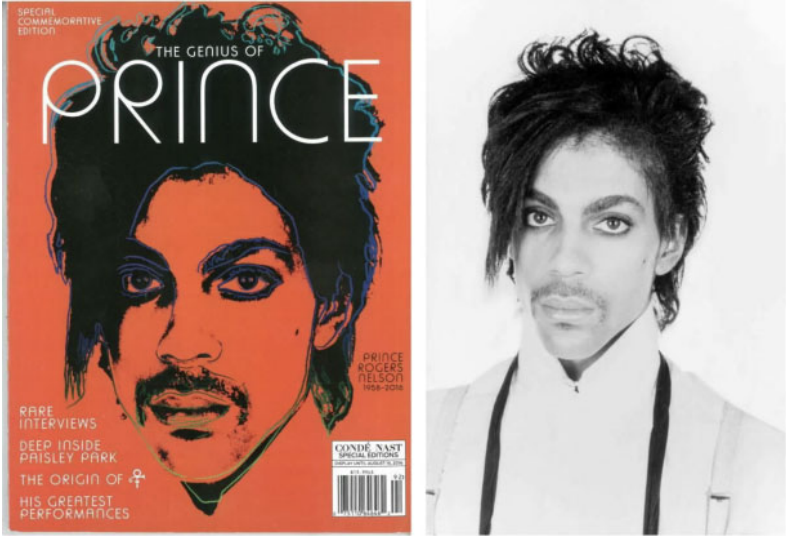side by side images: on left is magazine cover featuring andy warhol's orange-and-black portrait of prince based on lynn goldsmith photo; on right is goldsmith's original black-and-white photo.