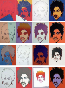 photo collage showing 16 images of Prince in various colors