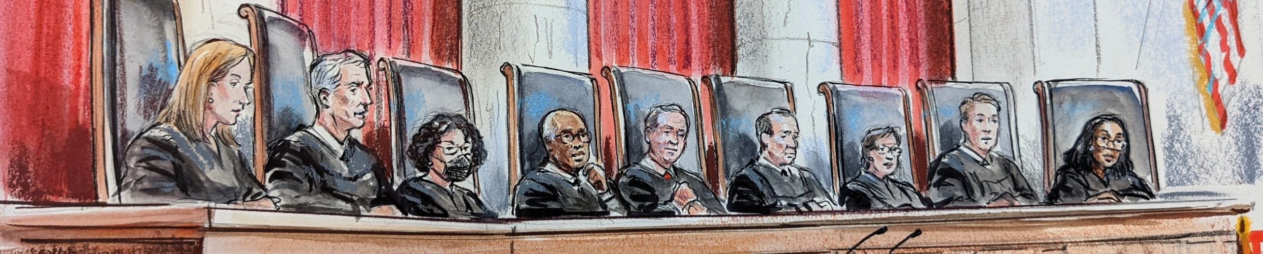 artist's rendition of nine justices in robes sitting behind judicial bench, looking out over an empty lectern. sonia sotomayor wears a mask. large curtains and an american flag hang in the background.