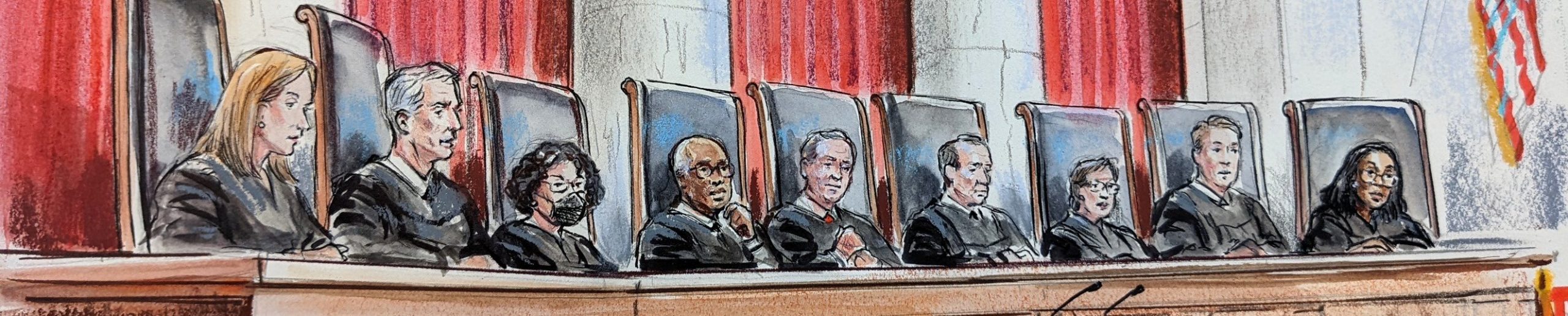 artist's rendition of nine justices in robes sitting behind judicial bench, looking out over an empty lectern. sonia sotomayor wears a mask. large curtains and an american flag hang in the background.