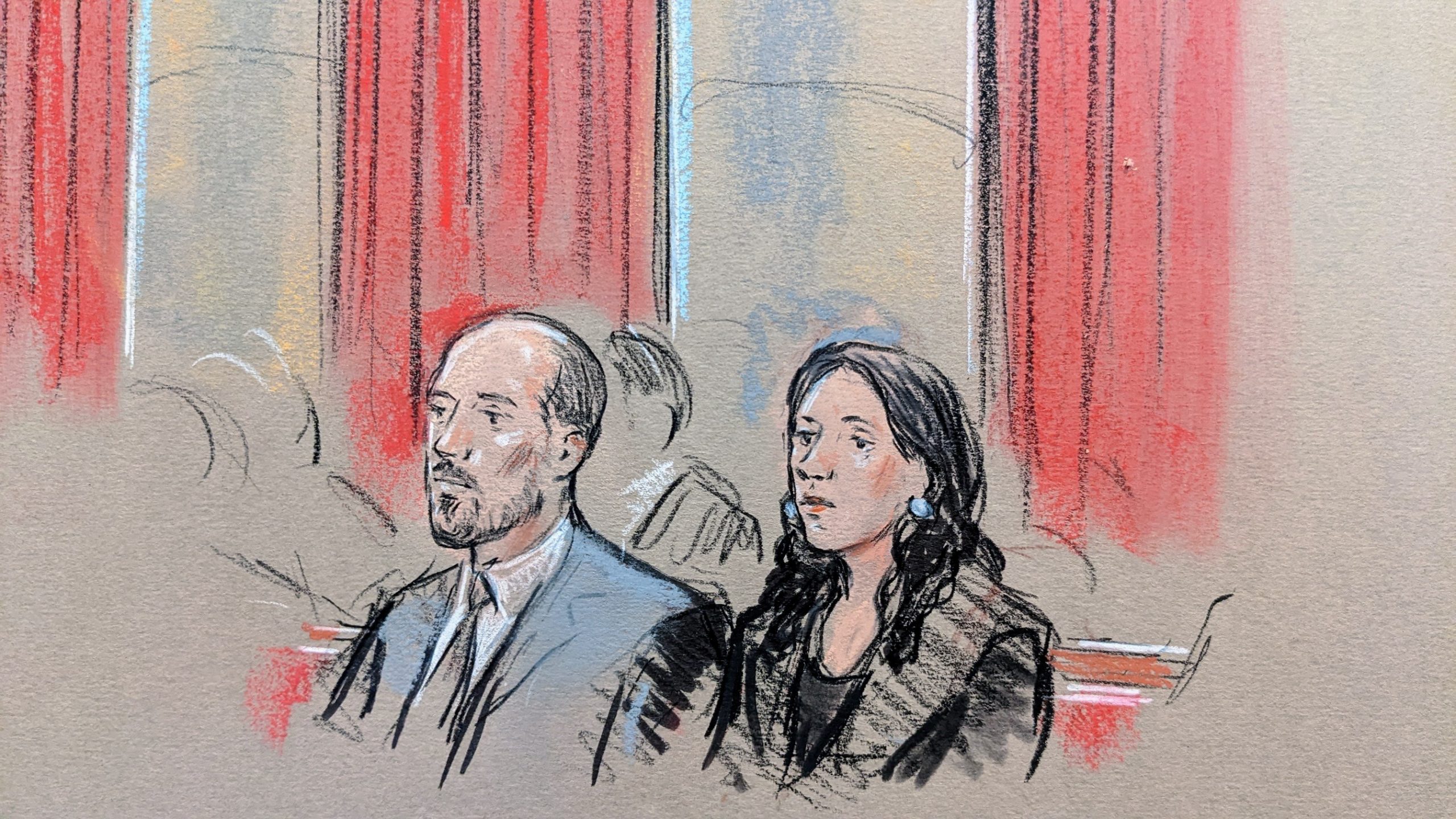 Sketch of man and woman sitting in the courtroom.