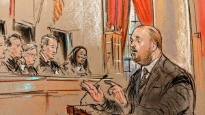 Sketch of a balding man arguing at the podium.