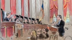 Sketch of bespectacled man arguing before the bench. All nine justices are visible.