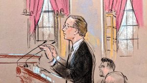 sketch of bespectacled man arguing before the podium