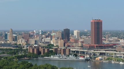 wide view of riverfront city skyline