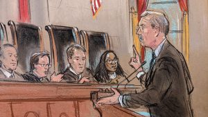 Sketch of a man in spectacles pointing up with his right index finger as he speaks with Justice Kagan.