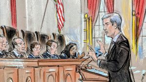 Sketch of a man engaging in conversation with the justices.