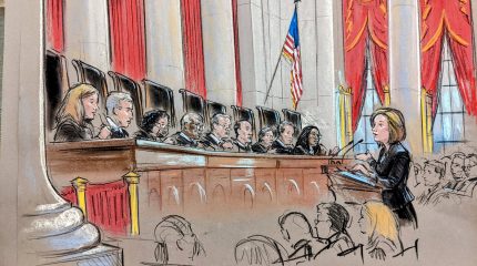 Sketch of woman at the podium conversing with the justices.
