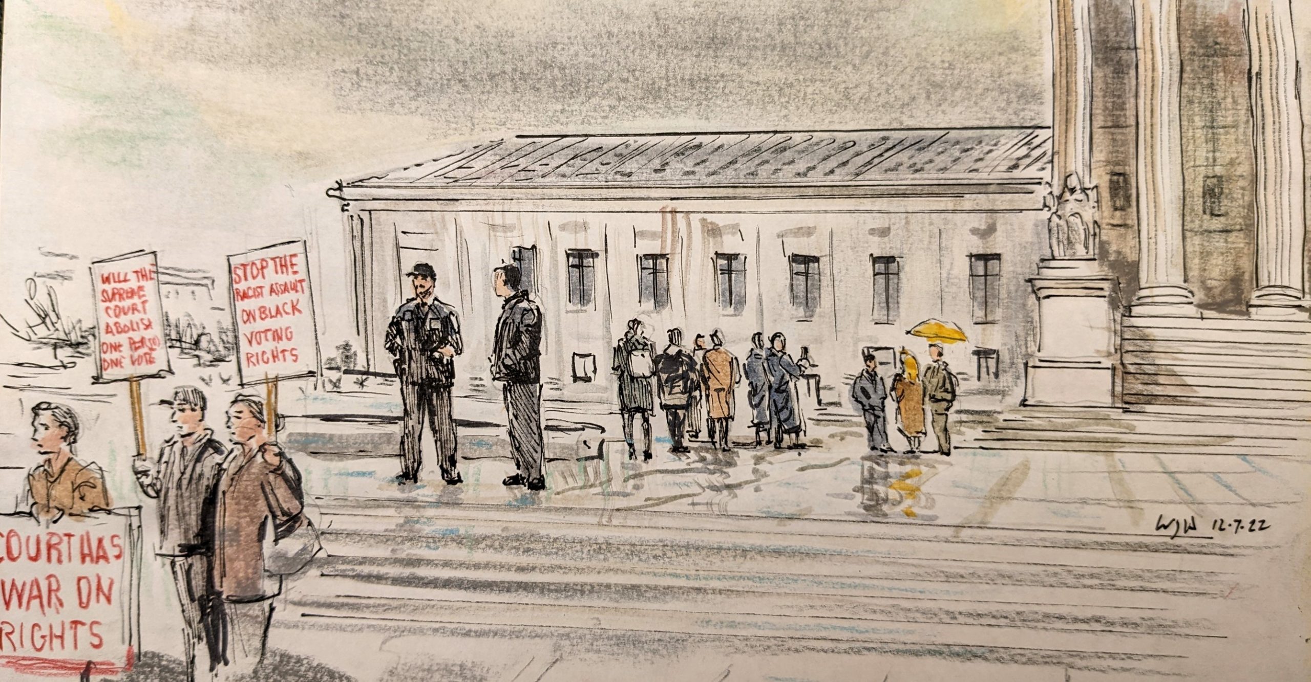Sketch of a loose crowd hanging out in front of the court before argument on a rainy day. Among others, there is a man with a yellow umbrella, two officers, and a few voting rights demonstrators in view.