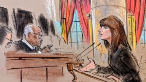 Sketch of a woman engaging Justice Thomas in conversation.