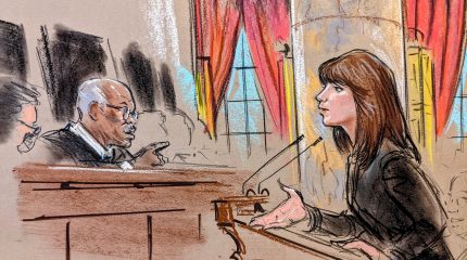 Sketch of a woman engaging Justice Thomas in conversation.