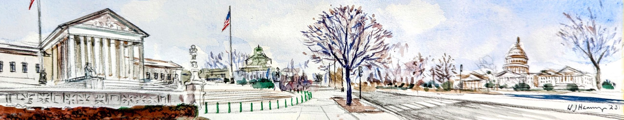 artist's sketch of a panoramic view showing Supreme Court building on left, a colorful tree in the center of the image, and the Capitol building in the distance on the right