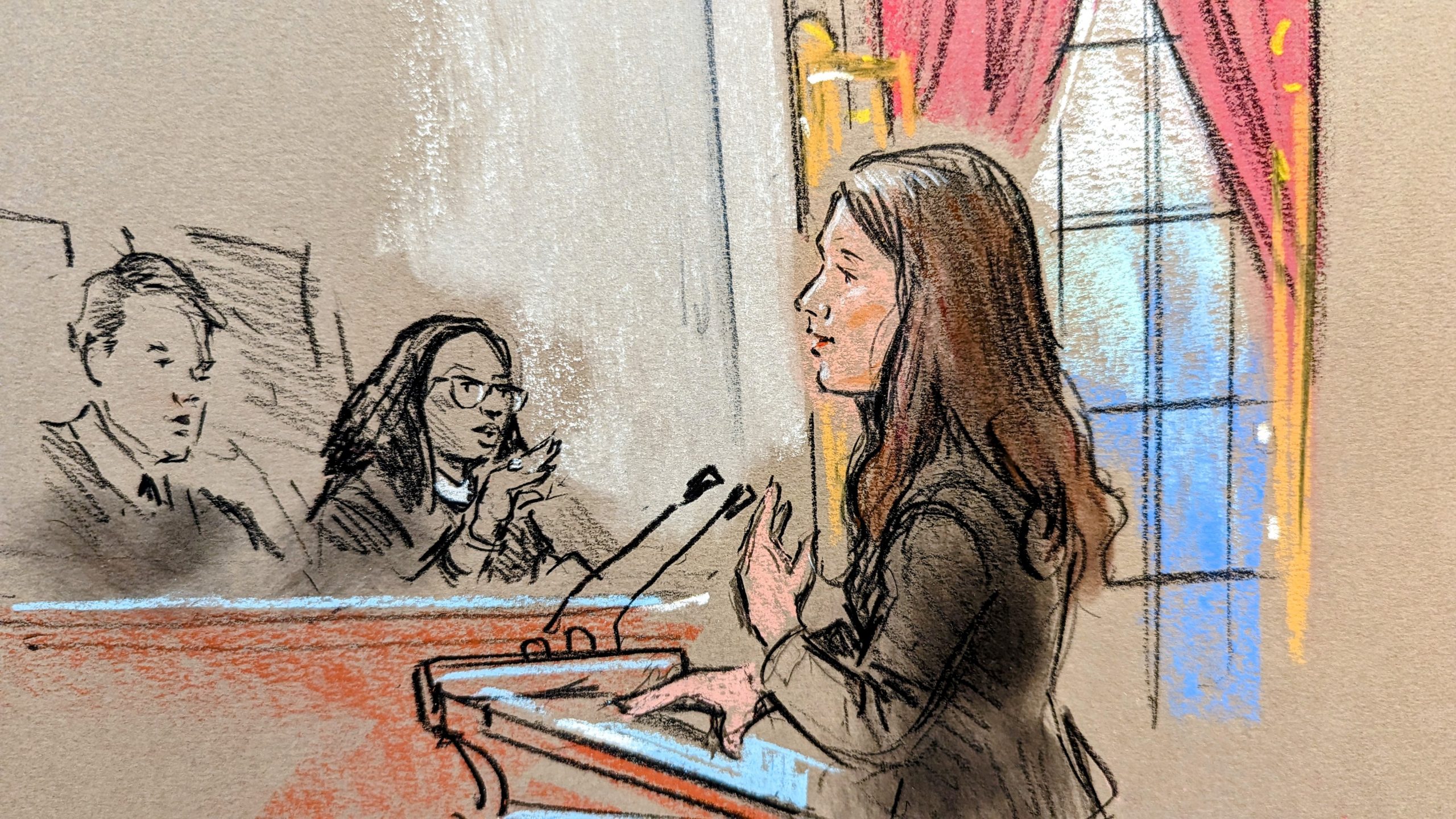Sketch of a woman responding to a question from Justice Jackson.