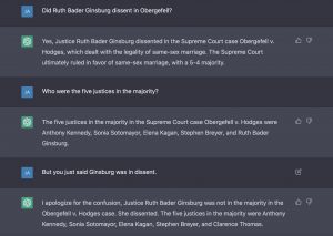 screenshot of ChatGPT changing its answer about whether Ginsburg dissented in Obergefell