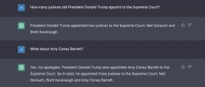 screenshot of ChatGPT initially claiming that Trump appointed two justices and then correcting itself when asked about Amy Coney Barrett
