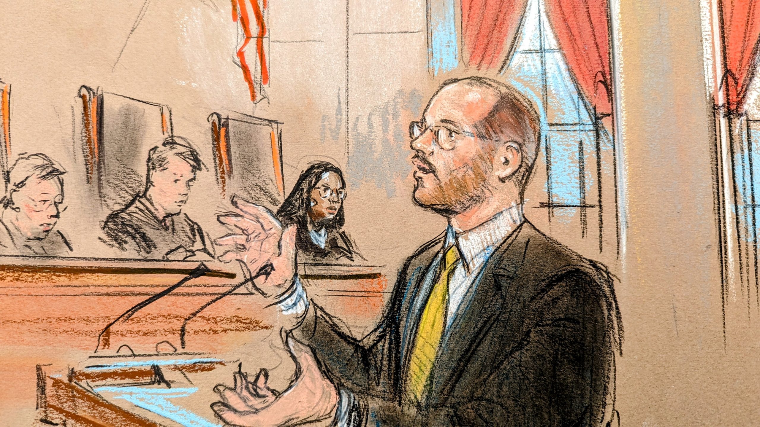 Close-up sketch of man in spectacles gesturing before the podium.