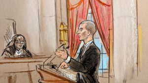 Sketch of man arguing before the podium as Justice Jackson looks on.