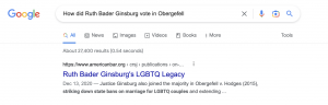 اسکرین شات از نتیجه برتر گوگل که به صفحه دقیق میراث دگرباشان ، روث بادر گینزبورگ پیوند داده شده است