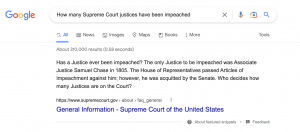 screenshot of top Google result correctly noting that only one justice has been impeached