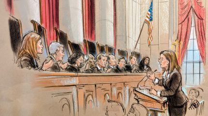Sketch of the justices speaking animatedly to the bespectacled woman at the podium.